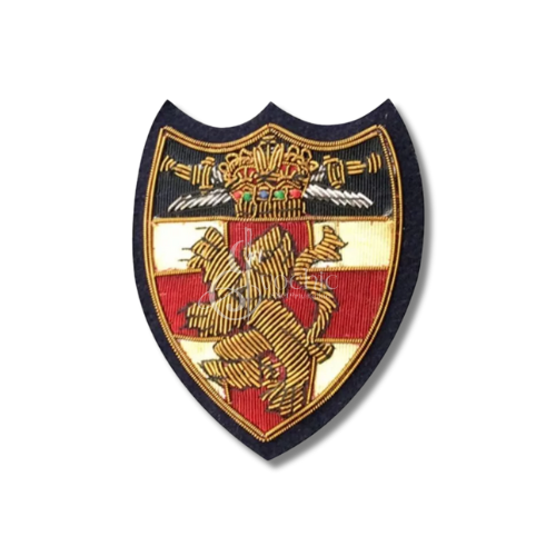 Medieval Heraldic Bullion Hand Embroidered Badge – Lion Rampant & Crown Shield