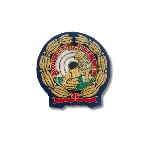 SOUTH LONDON RIFLE CLUB HANDMADE EMBROIDERY GOLDEN BULLION WIRE BLAZER BADGE