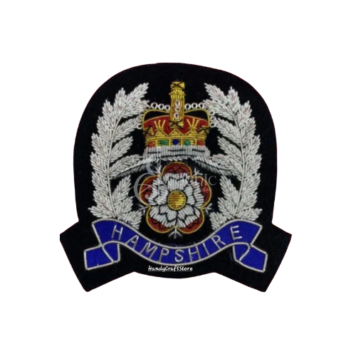 HAMPSHIRE CROWN CREST HANDMADE EMBROIDERY SILVER BULLION BLAZER BADGE