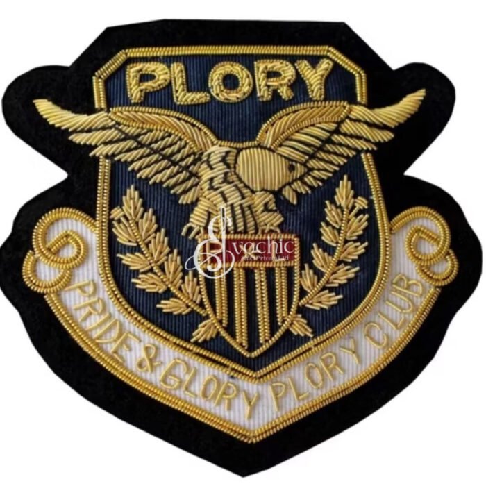 Handmade gold bullion embroidered Plory Club hawk crest badge for blazers.