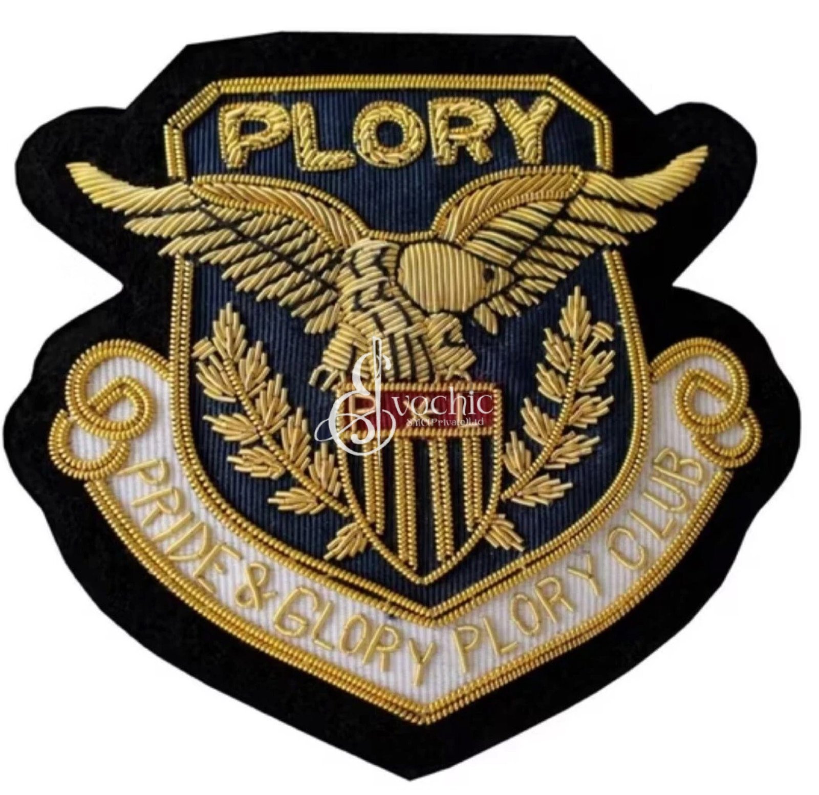 Handmade gold bullion embroidered Plory Club hawk crest badge for blazers. Handmade gold bullion embroidered Plory Club hawk crest badge for blazers.
