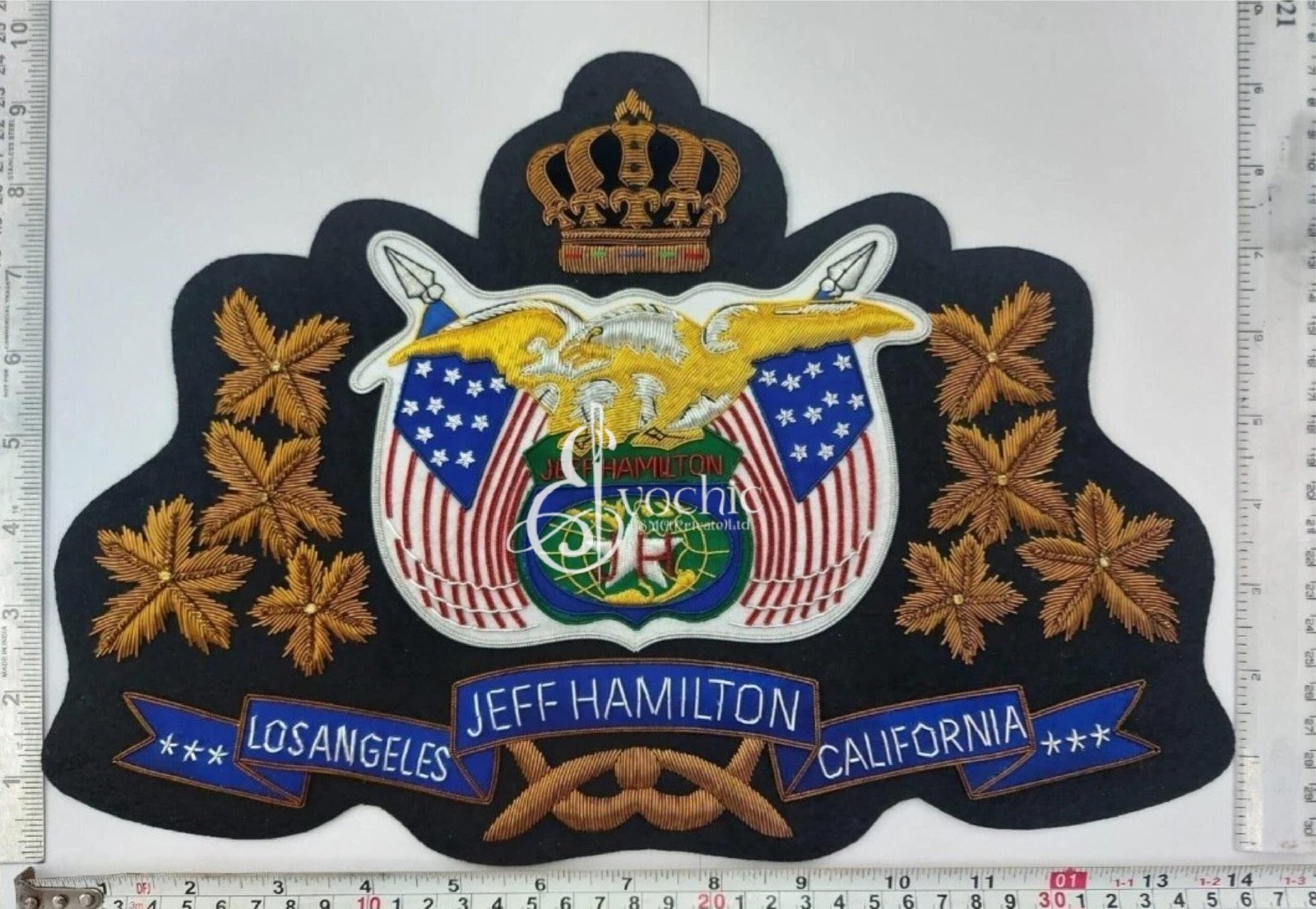 Handmade gold bullion badge of Jeff Hamilton Los Angeles California crest with US eagle and crown. Handmade gold bullion badge of Jeff Hamilton Los Angeles California crest with US eagle and crown.