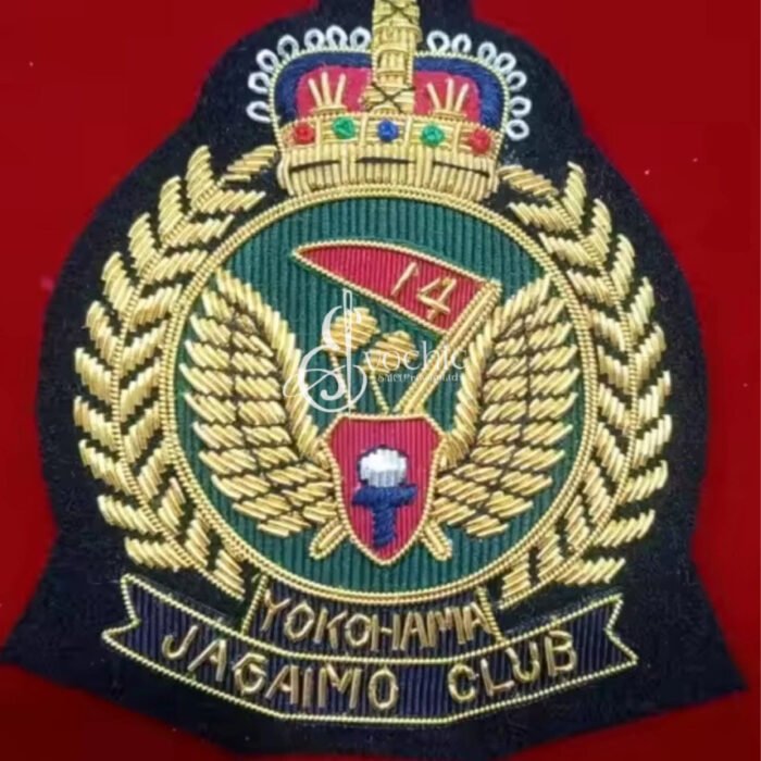 Handmade gold bullion embroidered crest for the Yokohama Jagaimo Club, featuring a crown and golf insignia.