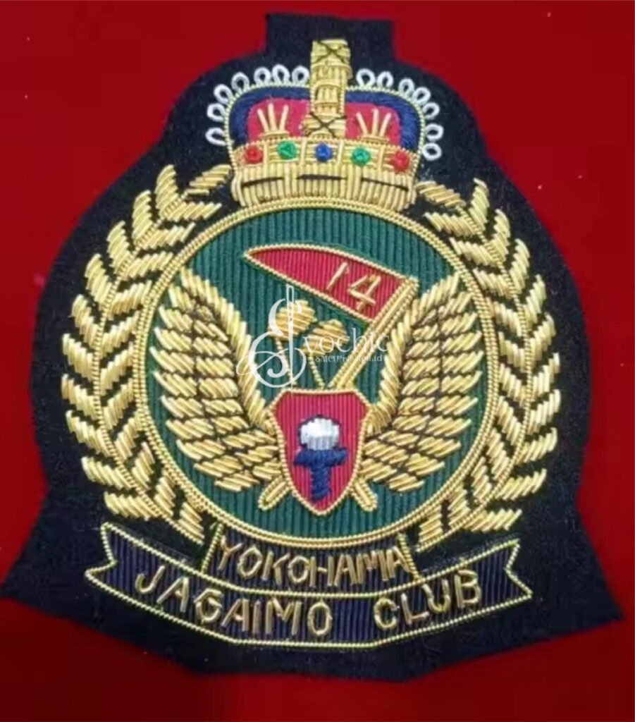 Handmade gold bullion embroidered crest for the Yokohama Jagaimo Club, featuring a crown and golf insignia.