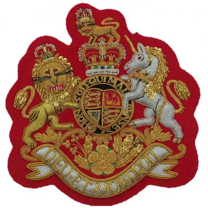 DIEU ET MON DROIT CREST HANDMADE EMBROIDERED BULLION FASHION LUXURY BADGE/CANADA